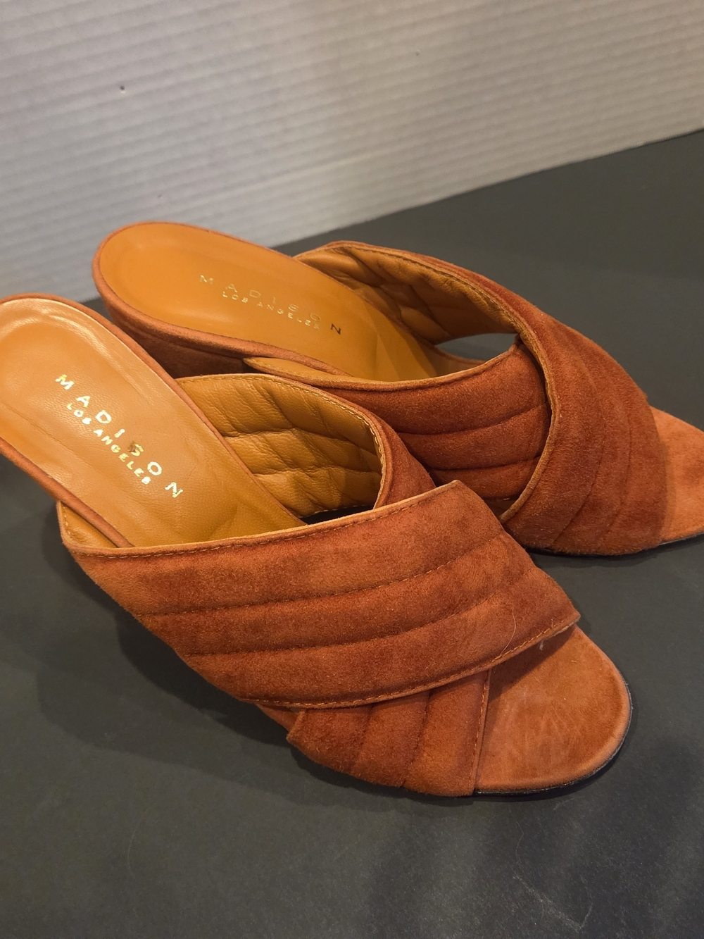 Iconic MADISON LA Spice Color Suede Mules $150 Retail